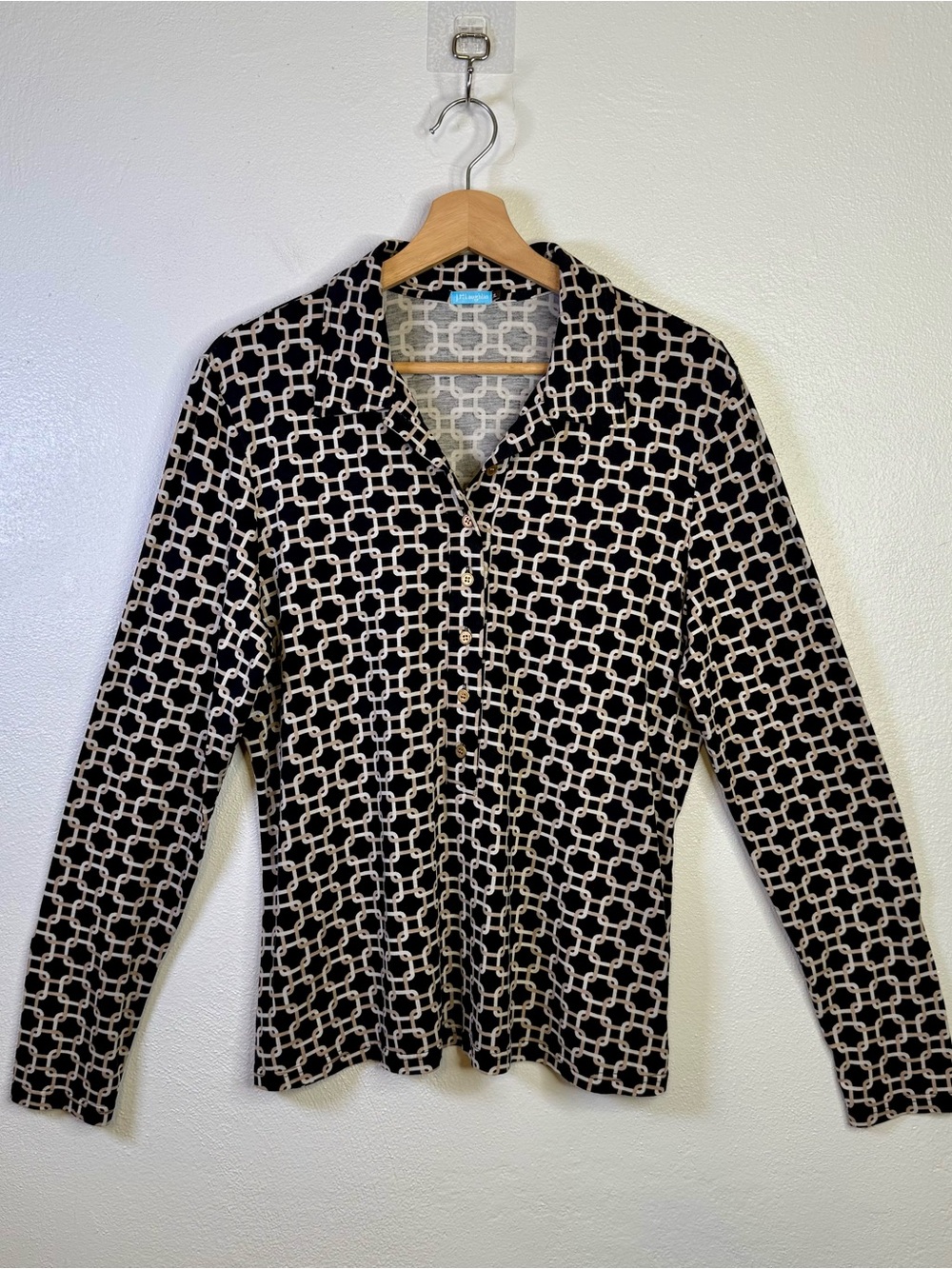 J. McLaughlin Silk Blouse XL Black Cream Geometric Link Knit Button Front Top
